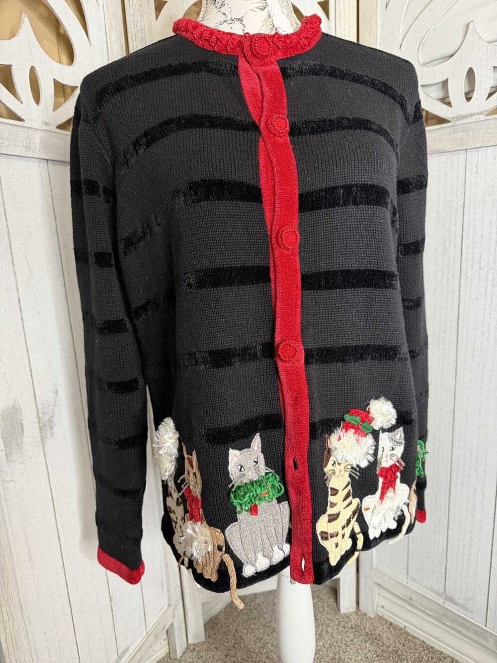 Vintage Berek Christmas Cat Cardigan Sweater Textured Black Red 90s Size Medium